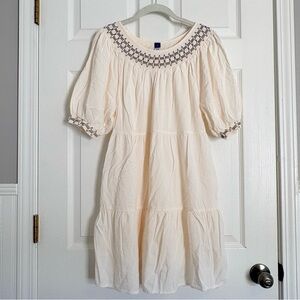 OLD NAVY Cream Puff-Sleeve Embroidered Smocked Mini Swing Dress Small off white